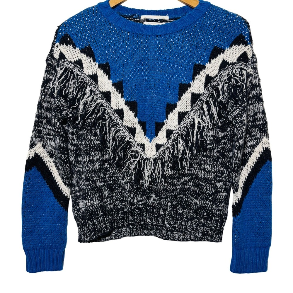 By Anthropologie‎ Blue Miska Chunky Blue Black White Fringe Sweater Womens XS